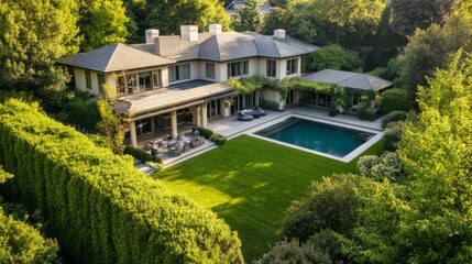 Poster - Aerial View of a House with a Swimming Pool and Lush Green Landscaping