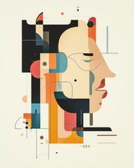 Poster - Minimalist abstract geometric poster featuring symbolic abstract human and animal forms in a muted color palette scattered with various graphical elements and compositions