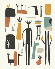 Poster - Minimalist and geometric poster featuring abstract human forms  animal symbols  and scattered symbolic elements in a muted color palette
