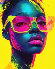 Poster - Exaggerated Pop Art Portrait with Vibrant Neon Colors and Surreal Abstract Details  A captivating digital featuring an eye catching face with bold striking features and a visually stunning
