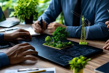 Poster - A business team working on a digital whiteboard, discussing sustainable solutions for the future, with clean energy and green technology concepts displayed, representing forward-thinking problem-solvi