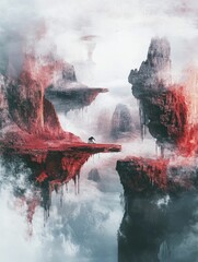 Poster - Surreal and ethereal landscape poster featuring floating mountains symbolic animals and a dreamlike atmospheric environment with a sense of mystery and imagination