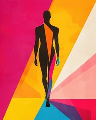 Canvas Print - Vibrant abstract poster design featuring a bold minimalist human silhouette surrounded by dynamic geometric shapes and gradients of bright contrasting colors  The abstract