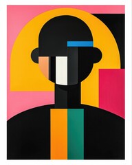 Aufkleber - Minimalist geometric abstract poster design featuring a bold stylized human form surrounded by vibrant colorful geometric shapes and patterns  The composition is modern digital