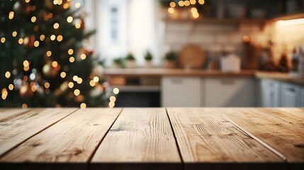 Rustic wooden table in cozy kitchen with Christmas tree and festive lights in background, creating warm holiday atmosphere for family gatherings.