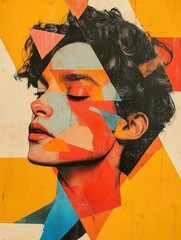 Poster - Captivating and visually striking figurative portrait with fragmented facial features and dynamic geometric shapes  presented in a bold  vibrant pop art inspired color palette and design