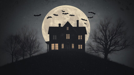 Spooky house silhouette with glowing windows and bats flying against a full moon in a dark sky