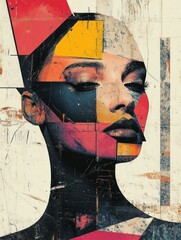 Poster - Striking and captivating figurative portrait with fragmented features and geometric shapes showcasing a vibrant pop art inspired color palette and dynamic experimental design