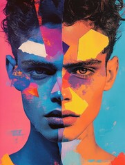 Poster - This captivating digital showcases a fragmented figurative portrait with geometric shapes and a vibrant  pop art inspired color palette  The abstract