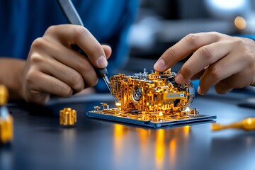 Poster - A close-up of hands using tools to take apart a complex mechanical device, representing reverse engineering in mechanical systems