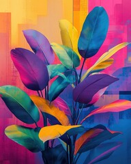 Aufkleber - Vibrant Pop Art inspired nature scene featuring a lush exaggerated display of colorful botanicals and foliage set against a minimalist geometric background  The striking