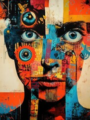 Poster - This surreal digital portrait features floating eyes  fragmented facial features  and abstract symbols against a vibrant  colorful pop art inspired background  The striking