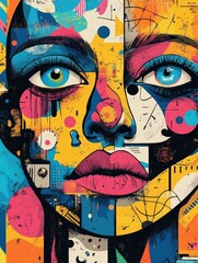 Poster - A captivating digital showcasing a surreal portrait with fragmented facial features  floating eyes  and abstract symbols  all rendered in a vibrant