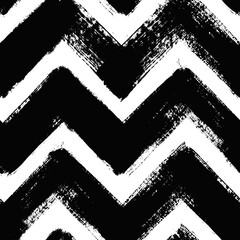 Aufkleber - Vector chevron pattern. Seamless black and white brush stroke background. Zig zag print with distress texture. Painted ornament for kids. Childish design