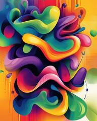 Poster - Colorful and dynamic abstract composition with fluid transforming typography and pop art style shapes in a vibrant digital poster design