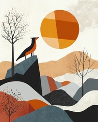 Poster - Minimalist and abstract nature scene featuring a bird silhouette perched on a geometric mountain shape  with a vibrant sun and earthy toned landscape in a contemporary  stylized composition