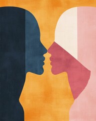 Poster - Minimalist abstract geometric poster featuring symbolic human profiles and shapes in subtle pastel tones  Clean modern design with a conceptual expressive