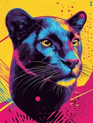 Poster - Stunning pop art inspired animal portrait featuring a bright neon colored feline with bold geometric patterns and a minimalist background  This digital showcases a stylized