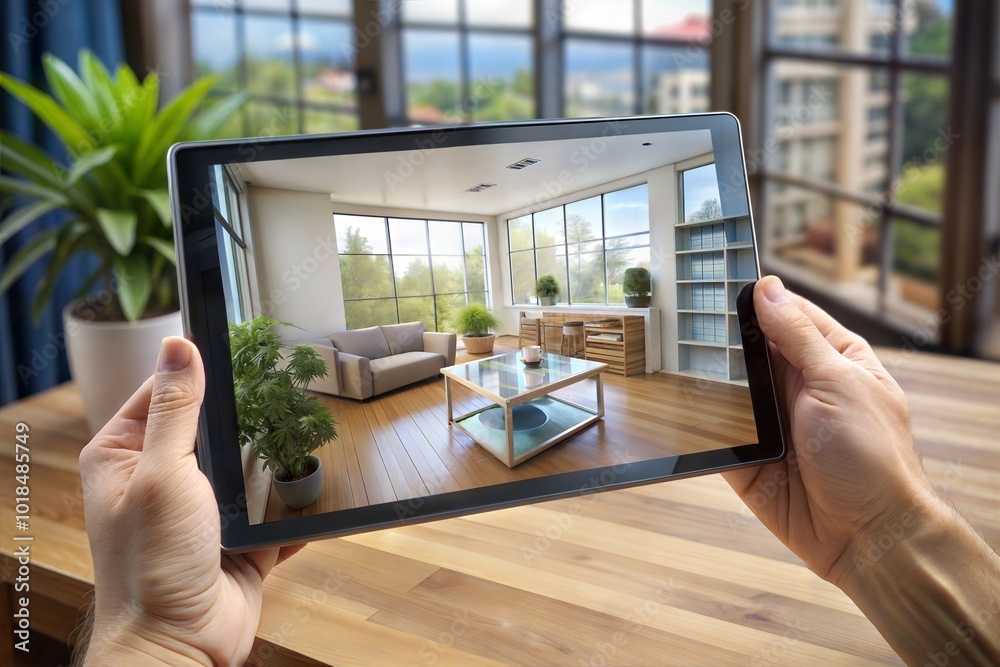 Innovation virtual tour on tablet showcasing modern living room design ...