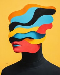 Wall Mural - Surreal captivating figurative poster with melting distorted facial features and bold abstract geometric elements in a vibrant eye catching pop art color palette  This digital showcases a conceptual