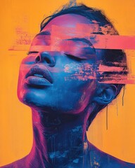 Poster - Striking and captivating surreal figurative digital poster featuring a face with melting and distorted features combined with abstract geometric elements in bold vibrant pop art colors
