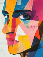 Poster - Highly stylized and captivating pop art figurative portrait featuring exaggerated facial features and expressions set against a dynamic backdrop of bold geometric shapes and vibrant colors
