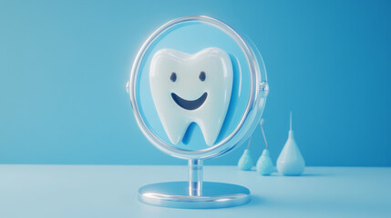 A blue poster featuring a 3D dentist mirror with a tooth icon. It's perfect for promoting dental health and services.