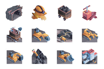 Poster - minery mine web concept of 3d isometric icons set in isometry design. coal industry equipment, tunne