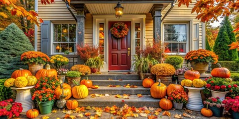 An inviting house decorated with striking pumpkins, celebrating autumn with seasonally inspired decorations outside, creating a warm and cheerful atmosphere for all to enjoy.