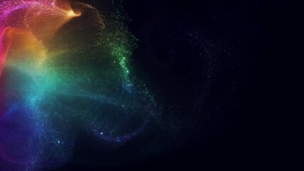 Poster - Bright, colorful particles flow from left to right across a black background, creating a dynamic and vibrant visual effect. The interplay of light and color adds an abstract touch to the scene