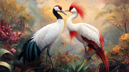 Naklejka na meble A Majestic Encounter: Elegant Cranes in a Lush Tropical Paradise