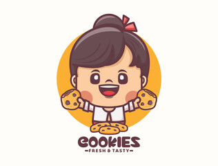 Wall Mural - female cartoon mascot design with cookies. food logo template