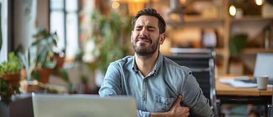 Grimacing from pain, a young male office worker sits at a desk in the office and rubs his lower back, feels severe back cramps, holds his hand, gives a massage