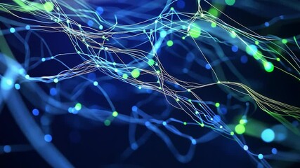 Poster - Complex network is growing and connecting with nodes. Green and blue colors on dark background. Ideal for topics as data, internet, technology