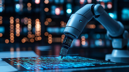 Poster - robotic arm is engaged in document analysis, showcasing advanced technology and artificial intellige