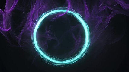 Poster - Glowing neon blue circle radiates light, surrounded by swirling purple smoke against a deep black background. The dynamic movement creates an abstract and vibrant visual effect