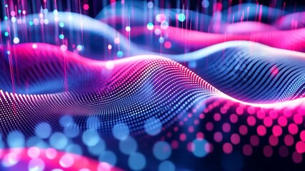 Poster - Abstract digital landscape with flowing particles and glowing dots. A dynamic animation of a digital world with a technological feel