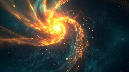 Poster - Vibrant orange and blue colors swirl in a spinning spiral galaxy, showcasing the vastness of outer space and the beauty of celestial phenomena in a captivating cosmic scene