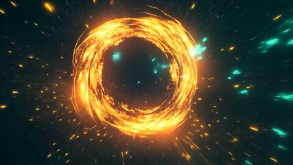 Poster - Spinning fire ring illuminates a dark space filled with shimmering light particles, creating an enchanting atmosphere of energy and motion. The scene evokes a sense of magic and celebration