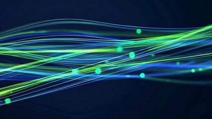 Poster - Flowing green particles dance along blue light streams against a dark blue backdrop. This captivating scene evokes a sense of energy and motion, creating an abstract visual experience
