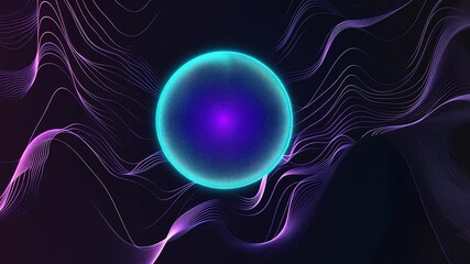 Poster - Neon blue sphere pulsating over moving purple waves background. Seamless loop animation perfect for technology, science, music, and any project requiring an abstract and modern look