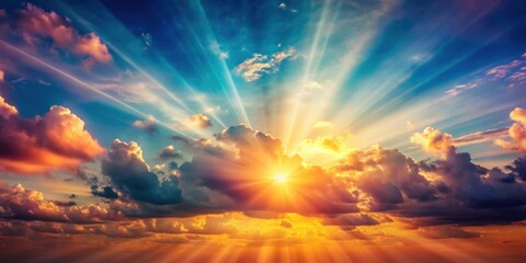Wall Mural - beautiful retro sky with colorful clouds and sun rays , vintage, nostalgia, sunset, clouds, vibrant,