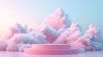 Poster - serene pink podium surrounded by fluffy pastel clouds creates dreamy atmosphere, perfect for showcasing products or presentations. soft colors evoke sense of calm and creativity