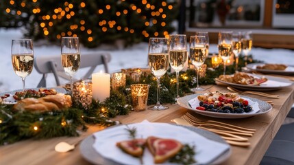 A Christmas table set for a festive feast, with candles, evergreen garlands, and sparkling wine glasses outdoor In the middle of the background snow scenery