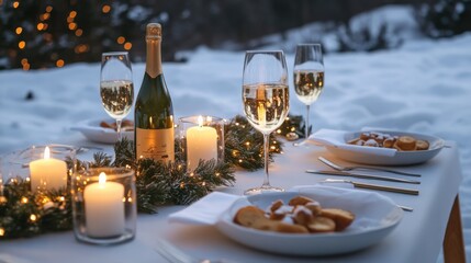 A Christmas table set for a festive feast, with candles, evergreen garlands, and sparkling wine glasses outdoor In the middle of the background snow scenery