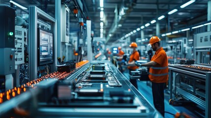 Poster - A modern factory setting with workers in safety gear, engaging in efficient manufacturing processes on a production line.