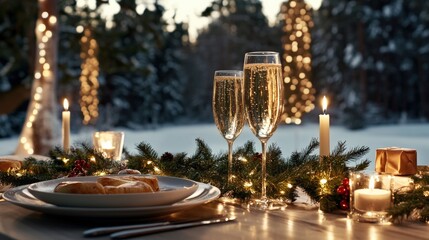 A Christmas table set for a festive feast, with candles, evergreen garlands, and sparkling wine glasses outdoor In the middle of the background snow scenery