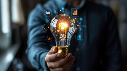 Poster - Innovative businessman holding glowing light bulb symbolizing creativity and growth, surrounded by digital graphs and data visualizations, representing modern business ideas