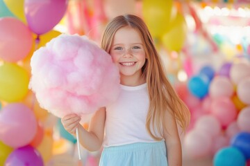 A cheerful child holding a large pink cotton candy, smiling with excitement at a summer fair, surrounded by bright balloons and colorful decorations