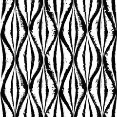 Aufkleber - Vector ogee pattern. Seamless black and white brush stroke background. Oriental print with distress texture. Painted ornament for kids. Childish design